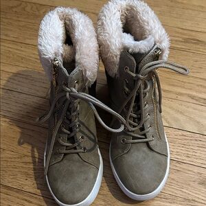 GBG Los Angeles Taupe Faux-Fur Lace-Up High Top Boots